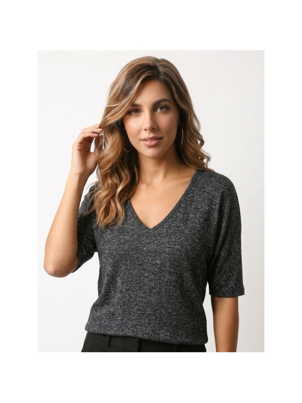 Express Charcoal Gray V-Neck 3/4 Quarter Sleeve Top